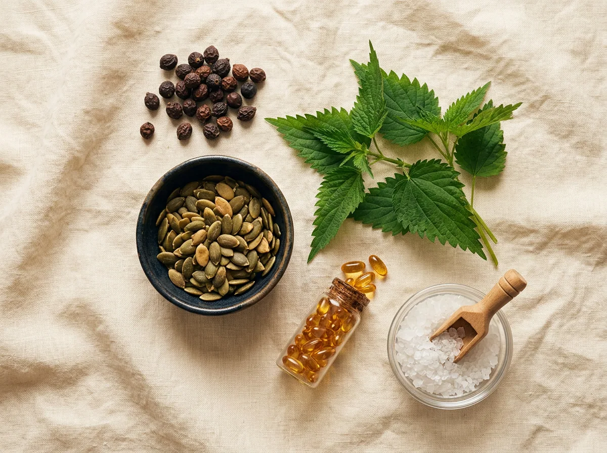 Natural botanical ingredients: saw palmetto berries, pumpkin seeds, nettle leaves for men's supplement formula