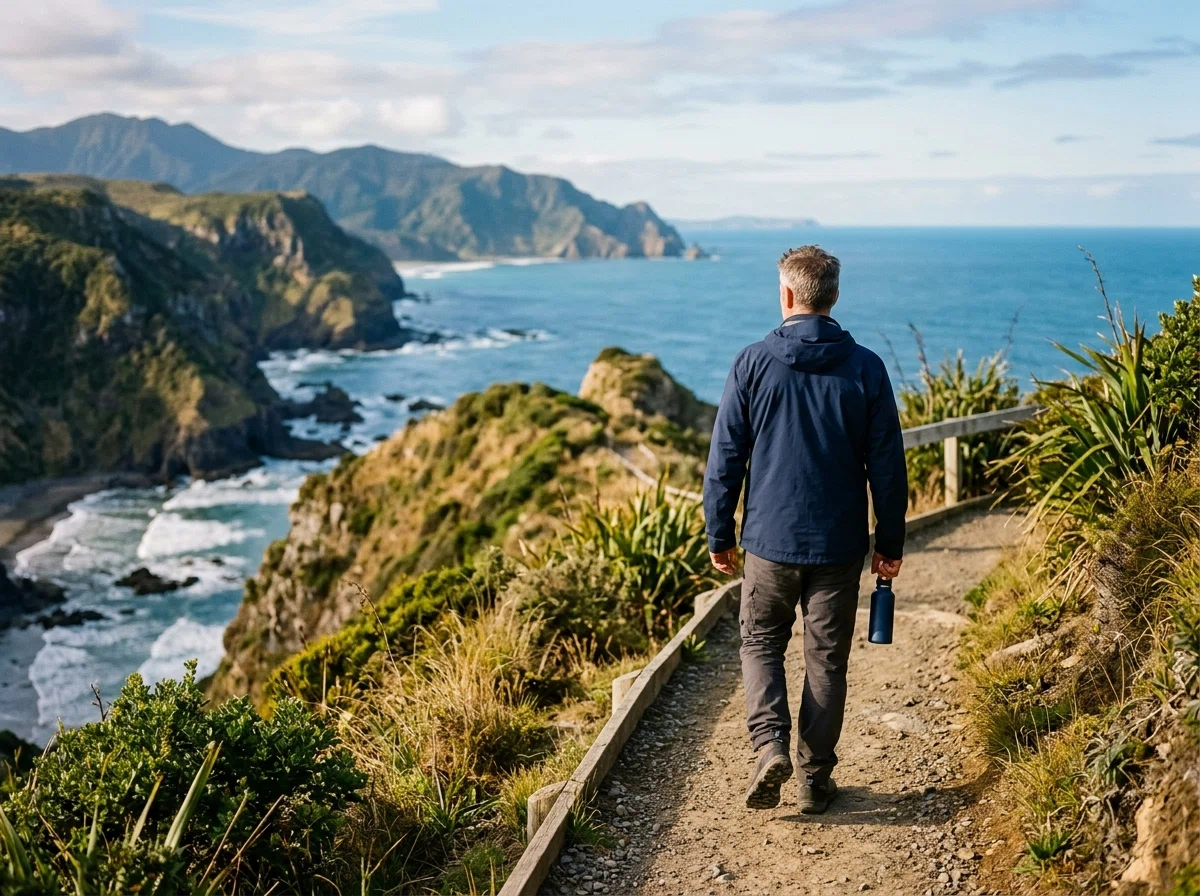 Anonymous man walking along a New Zealand coastal path, men over 50 wellbeing routine